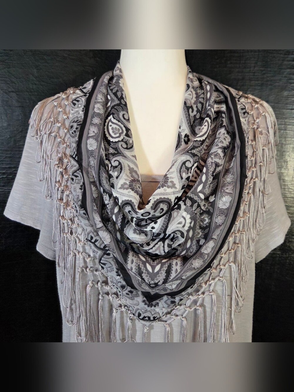 One World Live & Let Live Gray Space Dye Scarf Top Set M - Picture 6 of 16